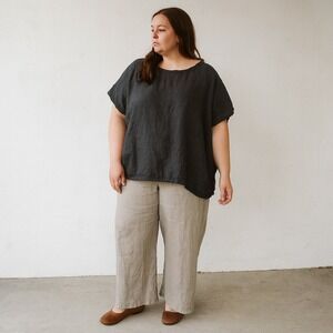 Knock Knock Linen Top Womens One Size Boxy Black Round Neck Lagenlook Minimalist